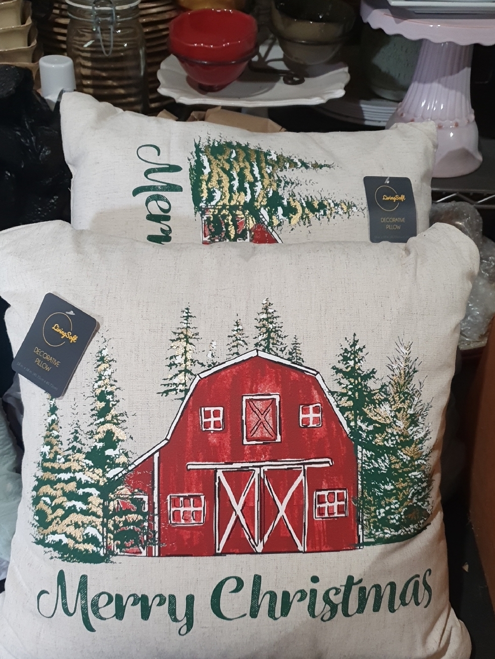 Merry Christmas Red Barn Decorative Pillow - Holiday Home Accent
